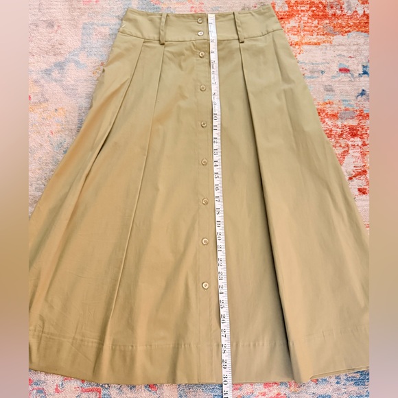 STAUD Khaki Button-Front A-Line Kingsley Midi Skirt sz 2 Pleated Stretch Cotton - Picture 5 of 8
